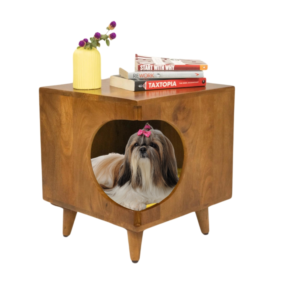 FurryLiving Wally Side Table with Cushion for Small Dogs and Cats (Honey/Cream Cushion)