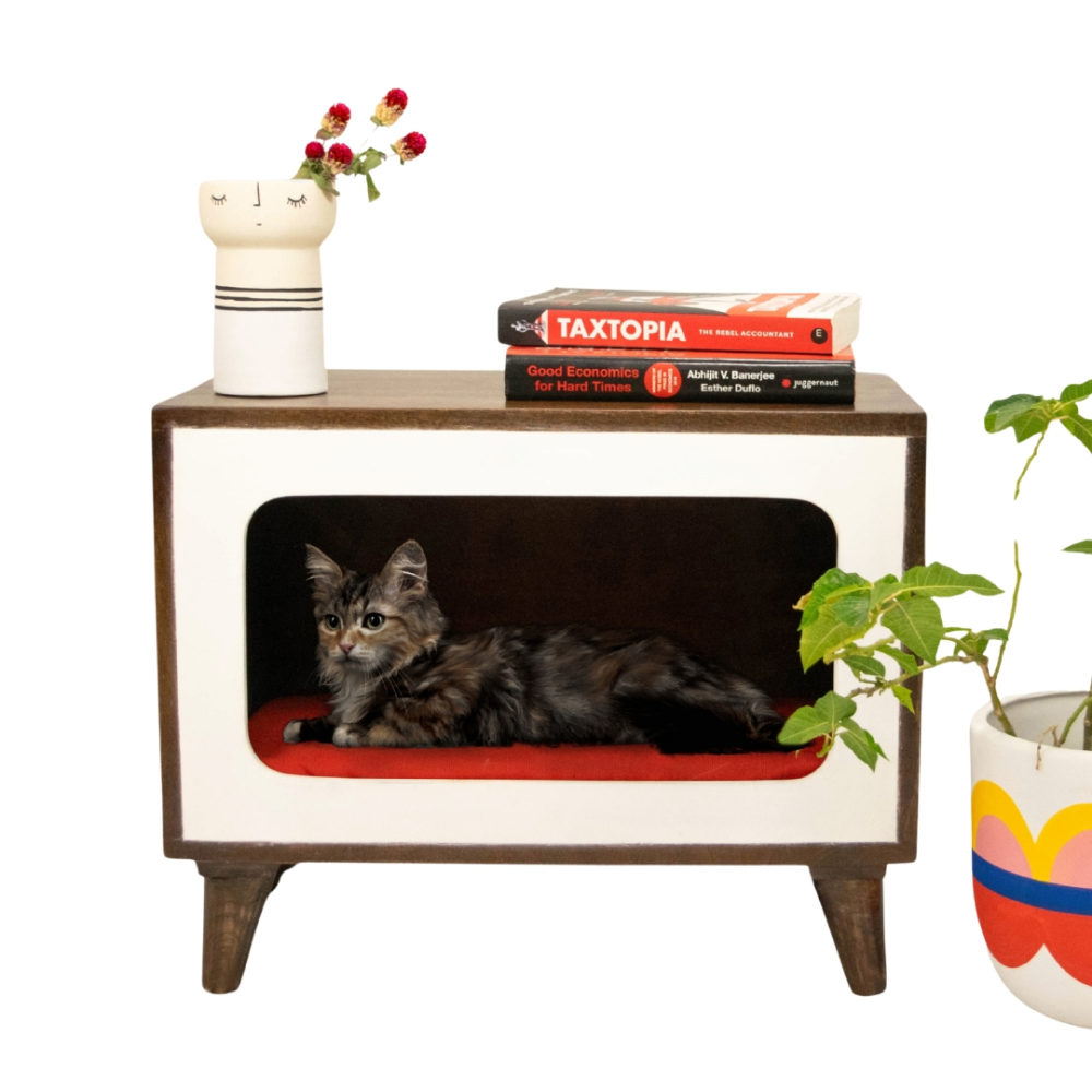 FurryLiving Telly Side Table with Cushion for Small Dogs and Cats (Dark Brown/Red Cushion)