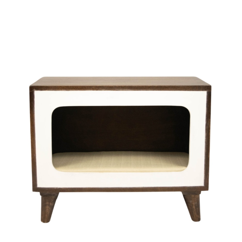 FurryLiving Telly Side Table with Cushion for Small Dogs and Cats (Dark Brown/Cream Cushion)