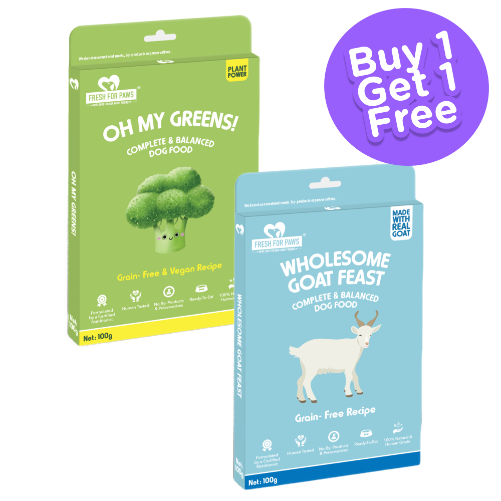 Fresh For Paws Wholesome Goat Feast and Oh My Greens Dog Wet Food (Buy 1 Get 1 Free)