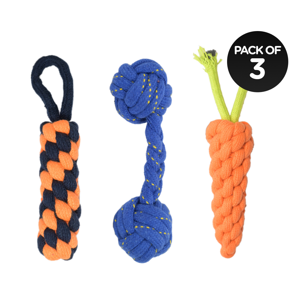 Skatrs Dummy Knotted, Carrot and Dumble Shaped Rope Chew Toy Combo for Dogs and Cats | For Medium Chewers