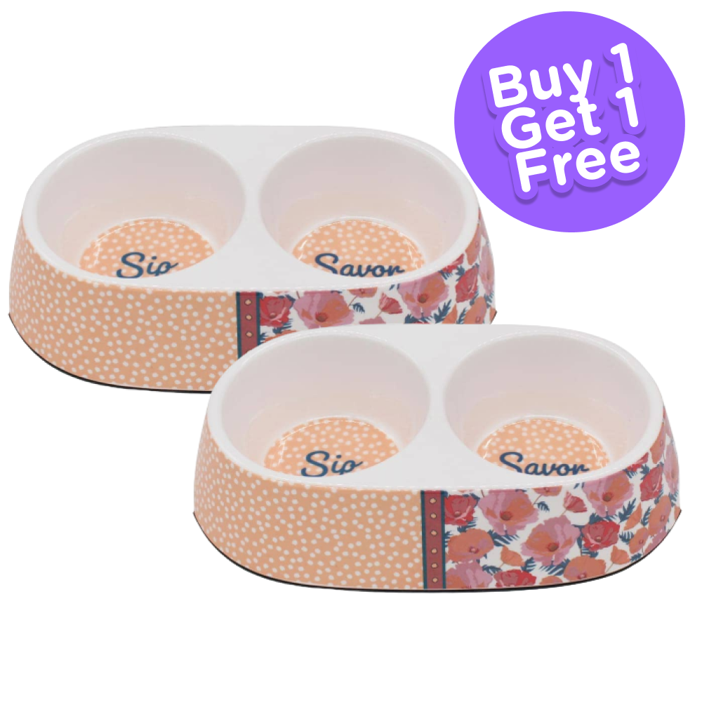 Peetara Half Floral Designer Melamine Double Diners for Dogs and Cats (Buy 1 Get 1 Free)