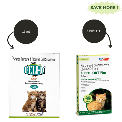 Areion Vet Feli D Kitten Deworming Suspension 15ml and Savavet Fiprofort Plus (Fipronil) Tick and Flea Control Spot On for Cats Combo