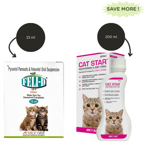 Skyec Cat Star Syrup Multivitamin for Cats (100ml) And Areion Vet Feli D Kitten Deworming Suspension (15ml) Combo