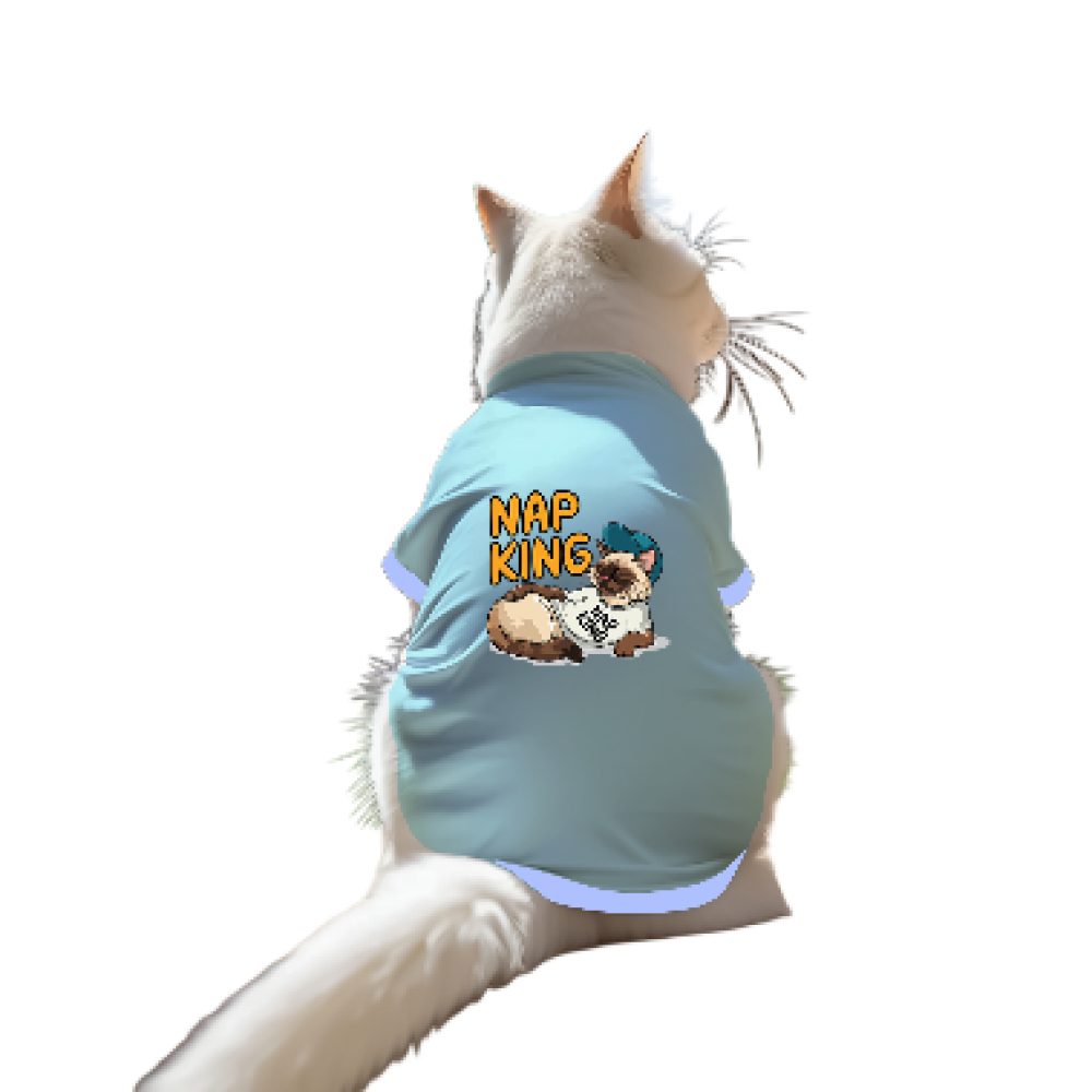 Cheeku Nap King Graphic Cotton T Shirt for Cats (Sky Blue)