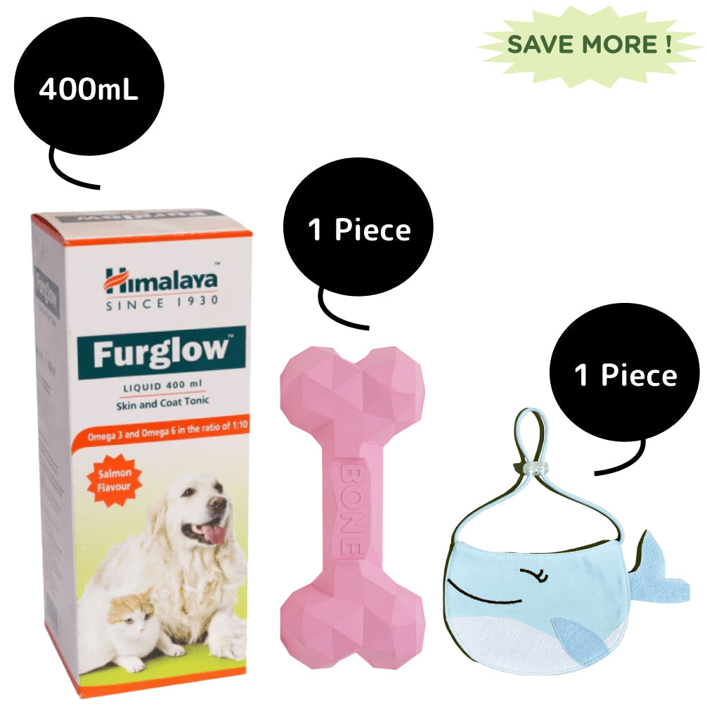 Fofos Cute Whale Bib, Himalaya Furglow Skin and Coat Tonic and Barkbutler Chu the bone Treat Dispensing Toy for Dogs Combo