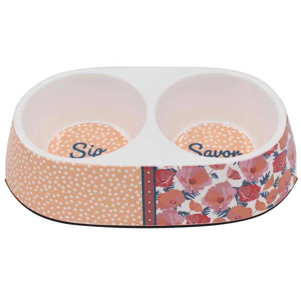 Peetara Half Floral Designer Melamine Double Diners for Dogs and Cats (White)