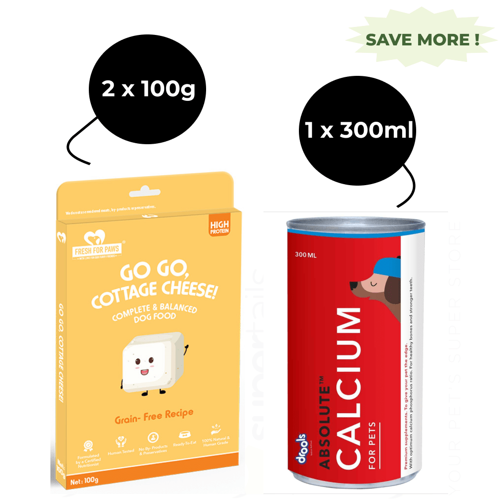 Fresh For Paws Go Go Cottage Cheese Dog Wet Food and Drools Absolute Calcium Oil Syrup Supplement for Pets Combo