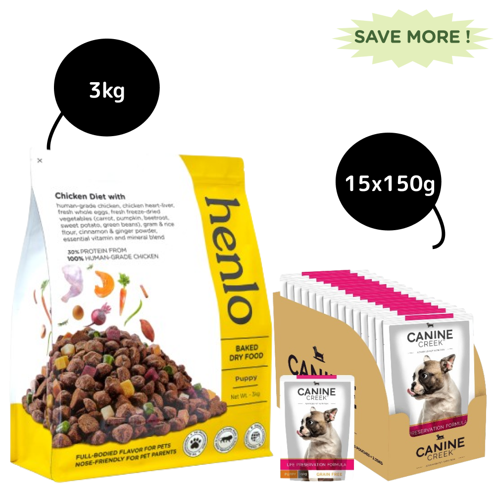 Henlo Baked Dry Food for Puppies and Canine Creek Real Chicken Gravy Puppy Wet Food Combo
