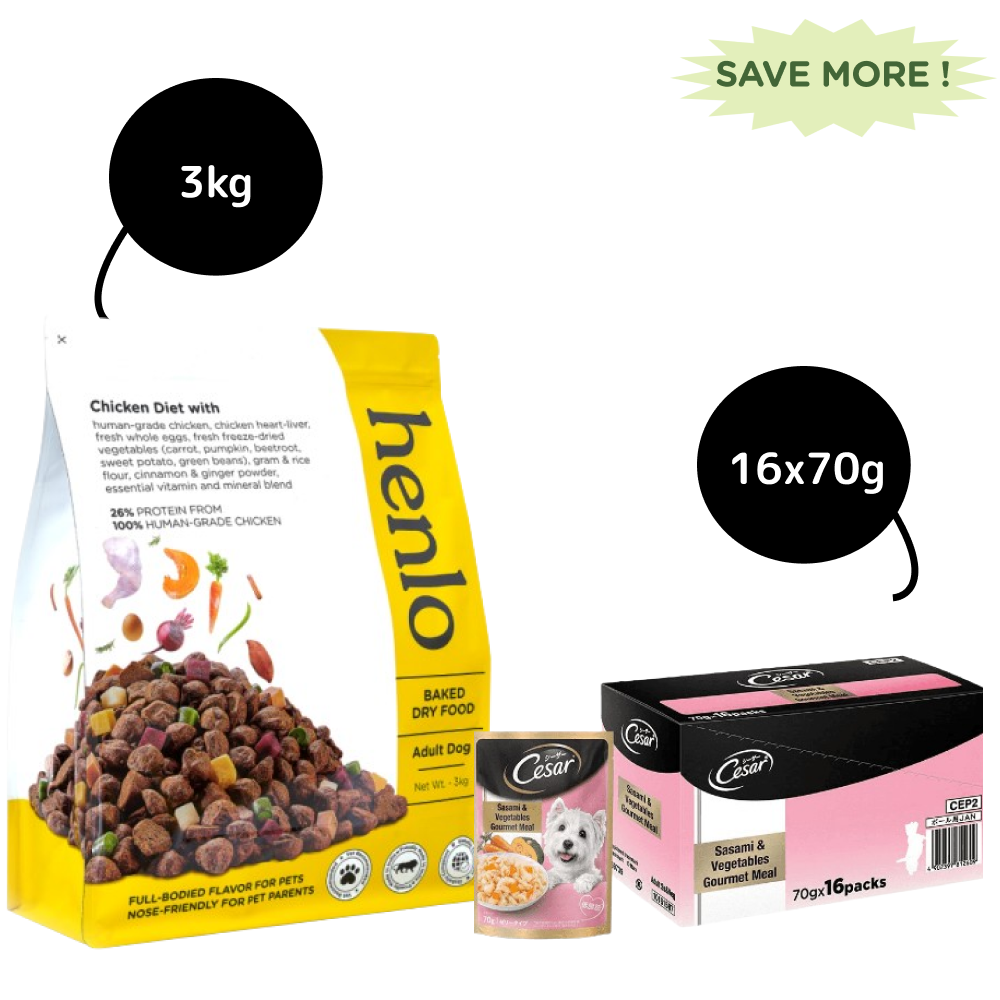 Henlo Baked Dry Food for Adult Dogs and Cesar Sasami & Vegetables Premium Adult Dog Wet Food Combo