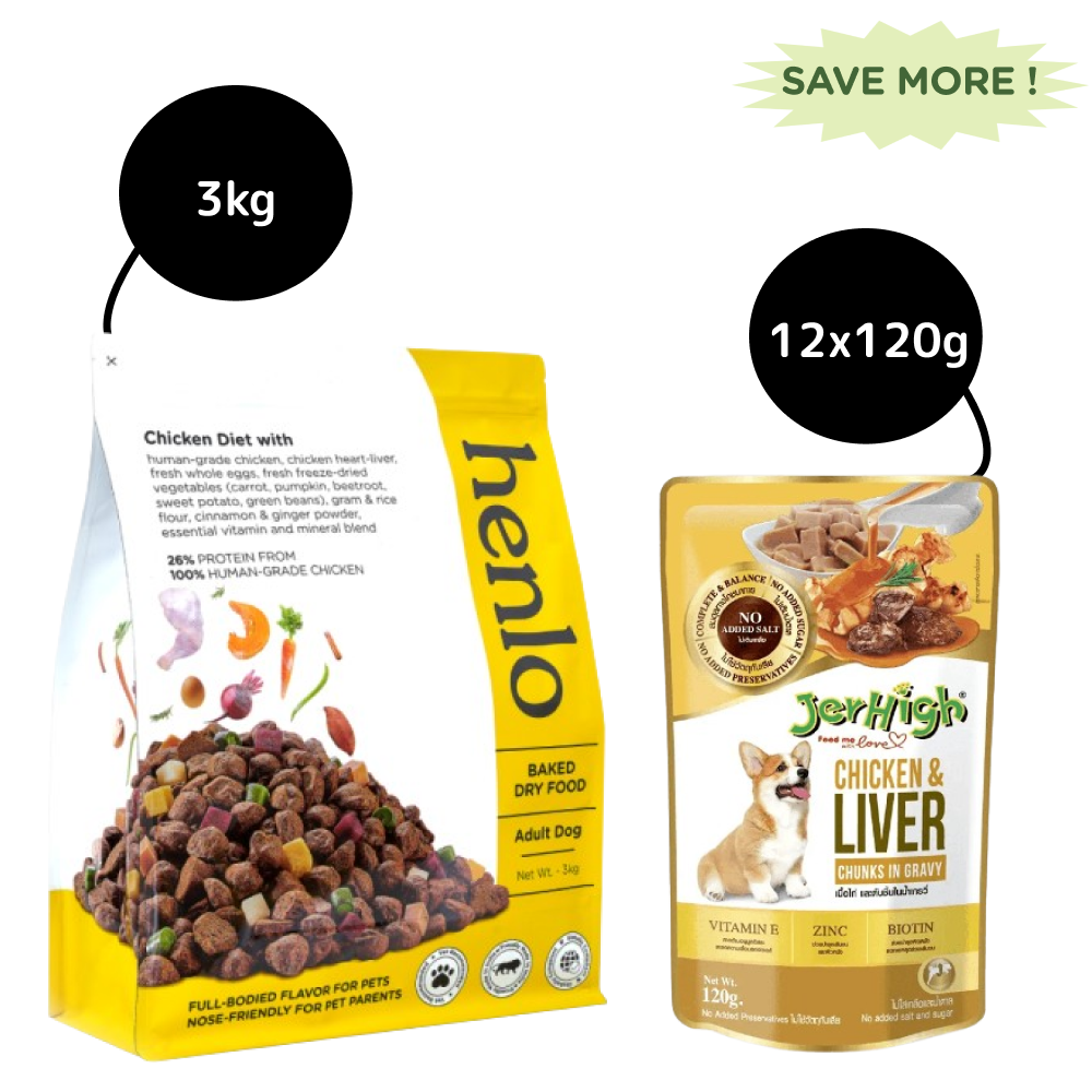 Henlo Baked Dry Food for Adult Dogs and JerHigh Chicken And Liver in Gravy Dog Wet Food Combo