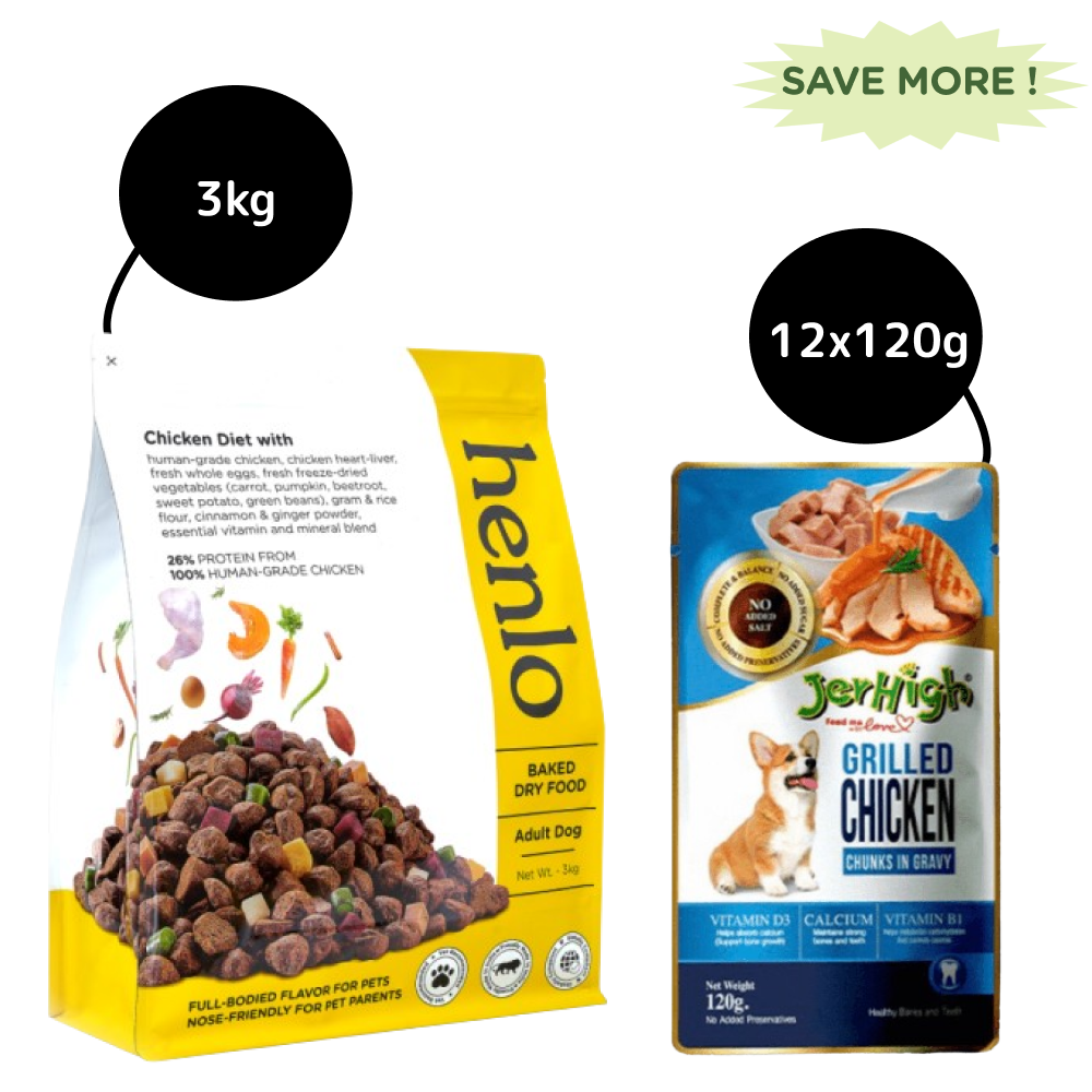 Henlo Baked Dry Food for Adult Dogs and JerHigh Chicken Grilled in Gravy Dog Wet Food Combo