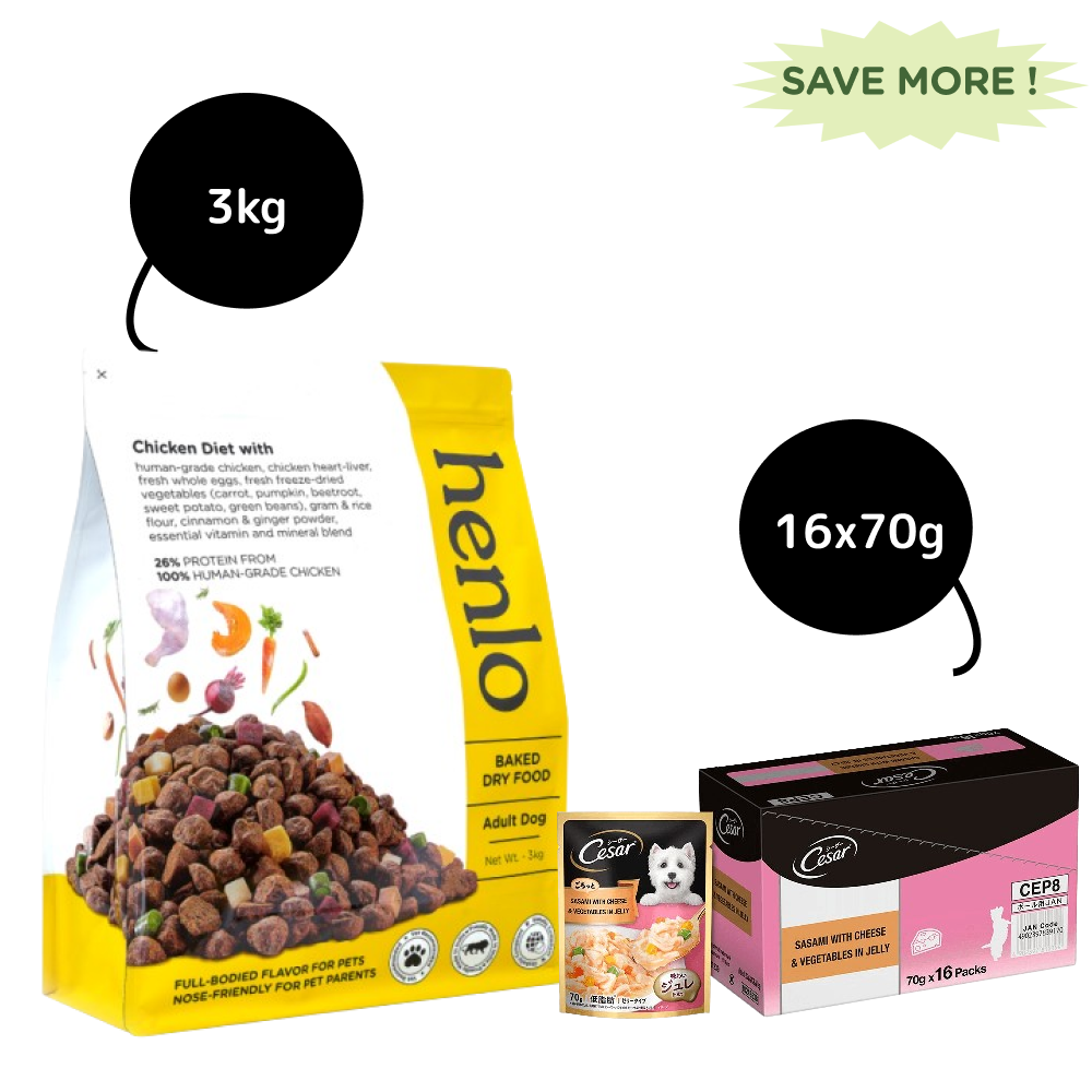 Henlo Baked Dry Food for Adult Dogs and Cesar Sasami with Cheese & Vegetables in Jelly Adult Dog Wet Food Combo