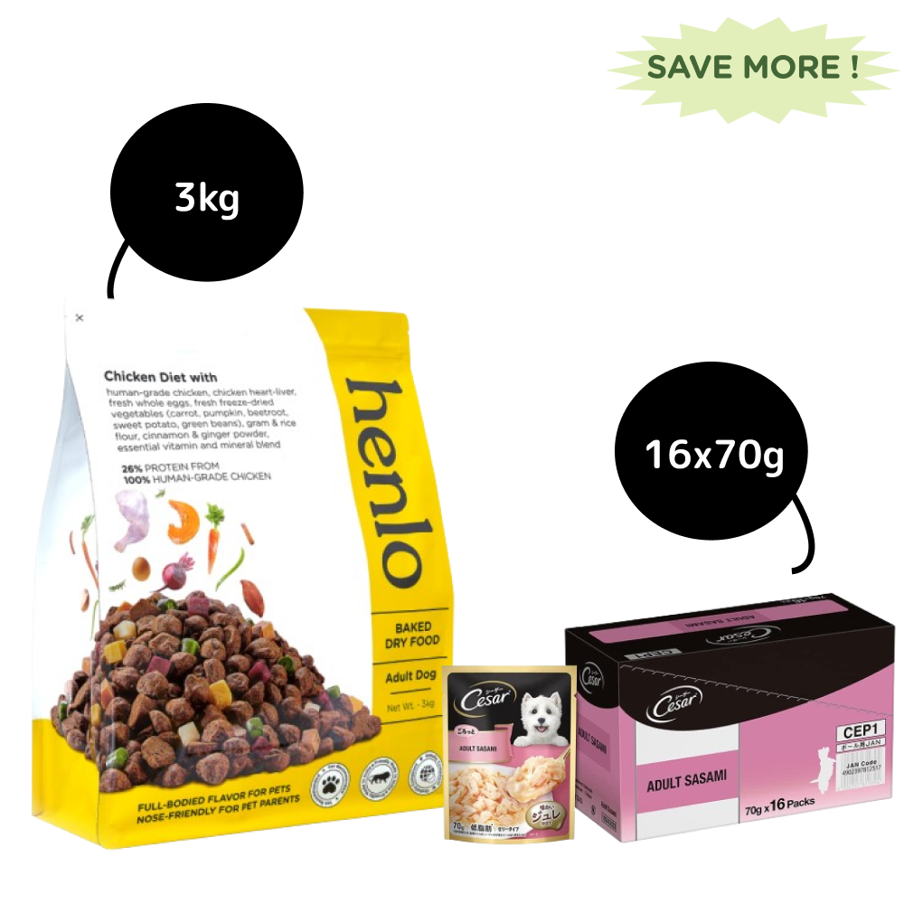 Henlo Baked Dry Food for Adult Dogs and Cesar Adult Sasami Dog Wet Food Combo