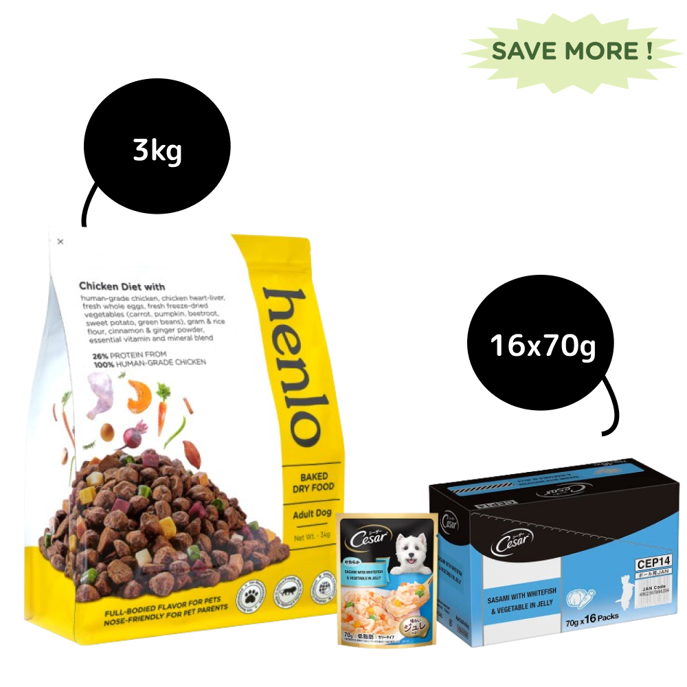 Henlo Baked Dry Food for Adult Dogs and Cesar Sasami with Whitefish & Vegetable in Jelly Dog Wet Food Combo