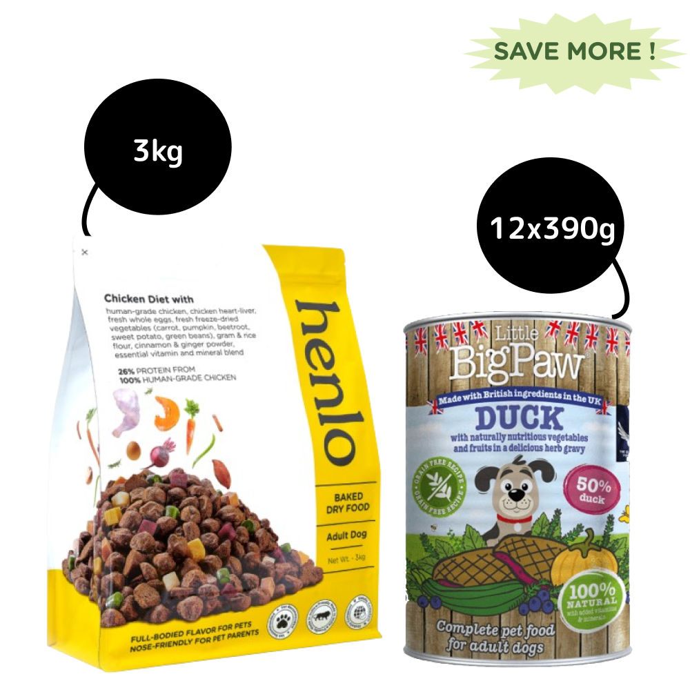 Henlo Baked Dry Food for Adult Dogs and Little Big Paw Duck Bluberries Courgette Pumpkin & Herbs Dog Wet Food Combo