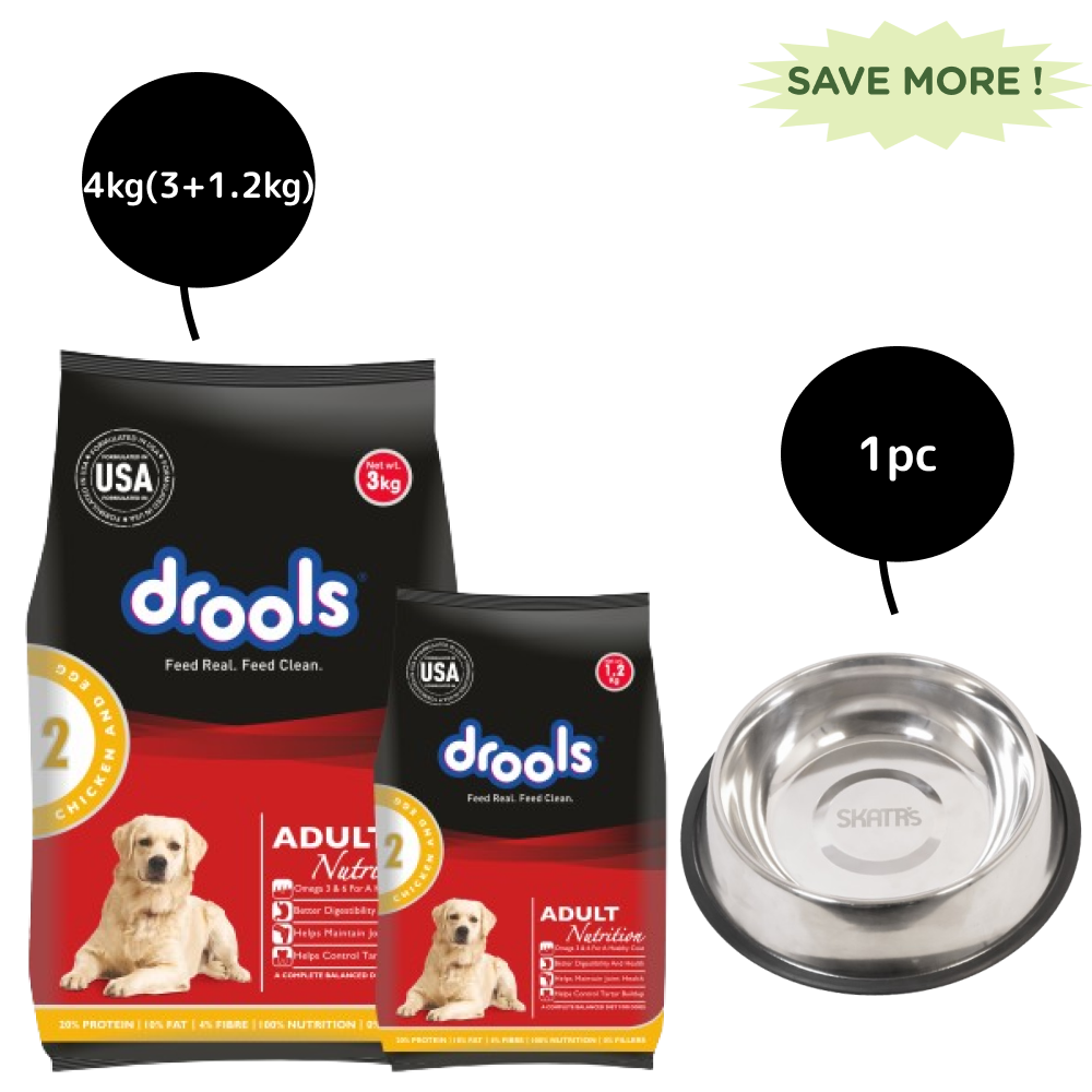 SKATRS Anti Skid Stainless Steel Bowl and Drools Chicken and Egg Adult Dog Dry Food Combo