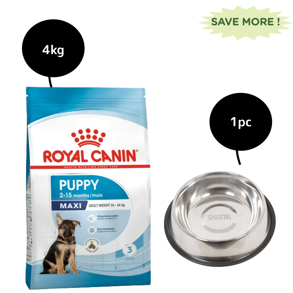 SKATRS Anti Skid Stainless Steel Bowl and Royal Canin Maxi Puppy Dog Dry Food Combo