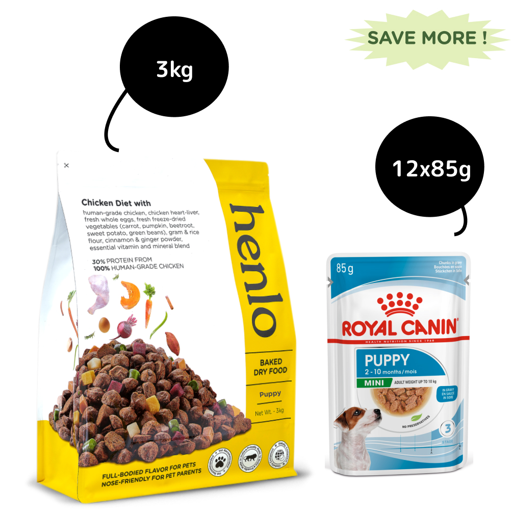 Henlo Baked Puppy Dry Food and Royal Canin Mini Puppy Gravy Wet Food Combo