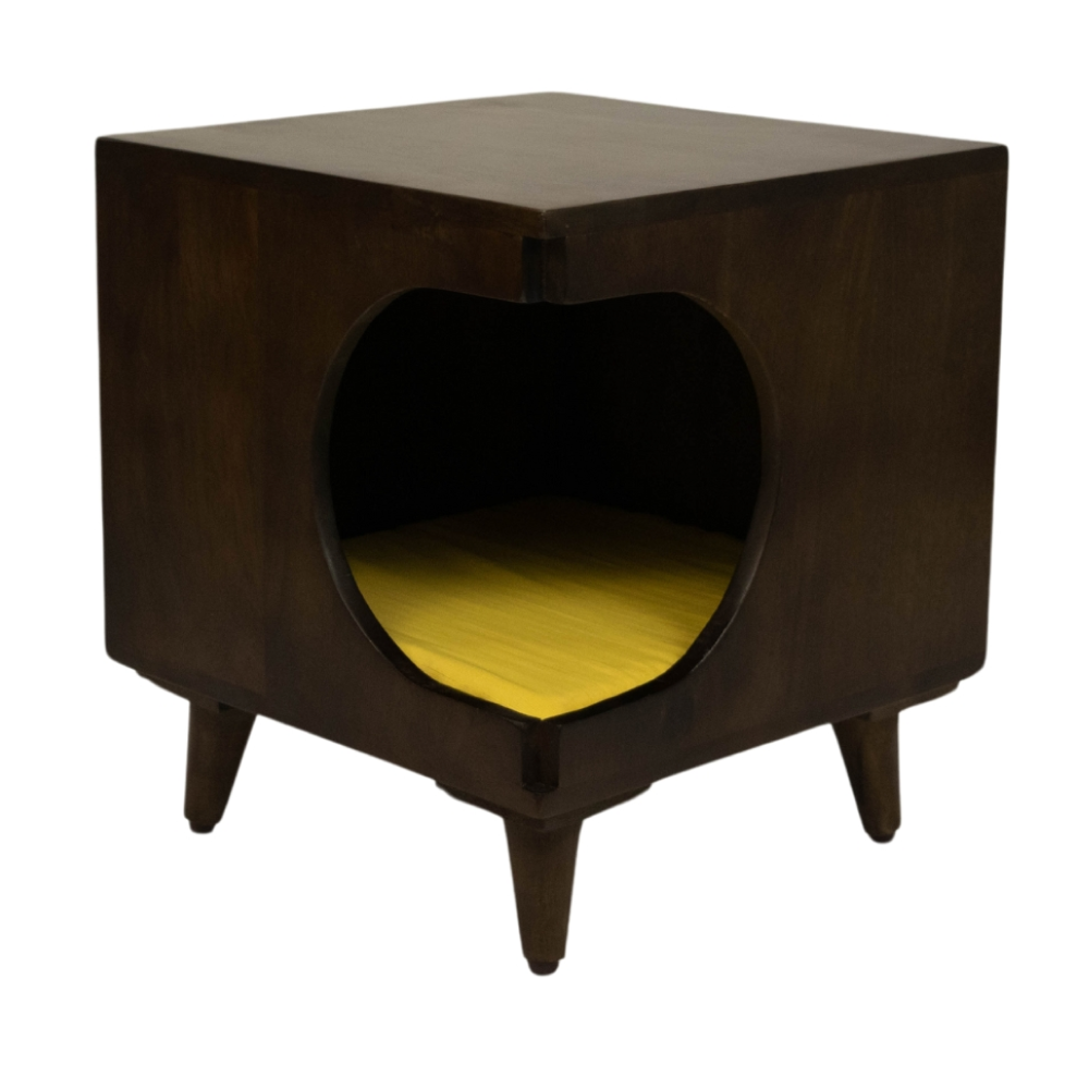 FurryLiving Wally Side Table with Cushion for Small Dogs and Cats (Dark Brown/Yellow Cushion)