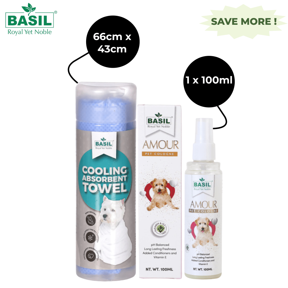 Basil Amour Cologne Spray & Absorbent & Cooling Towel for Dogs and Cats Combo