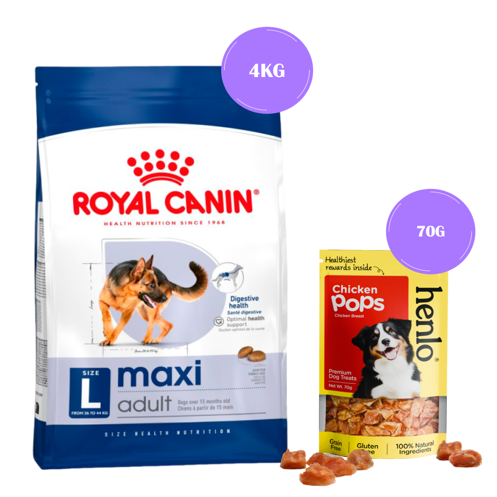 Royal Canin Maxi Adult Dry Food and Henlo Chicken Pops Treats Combo for Dogs