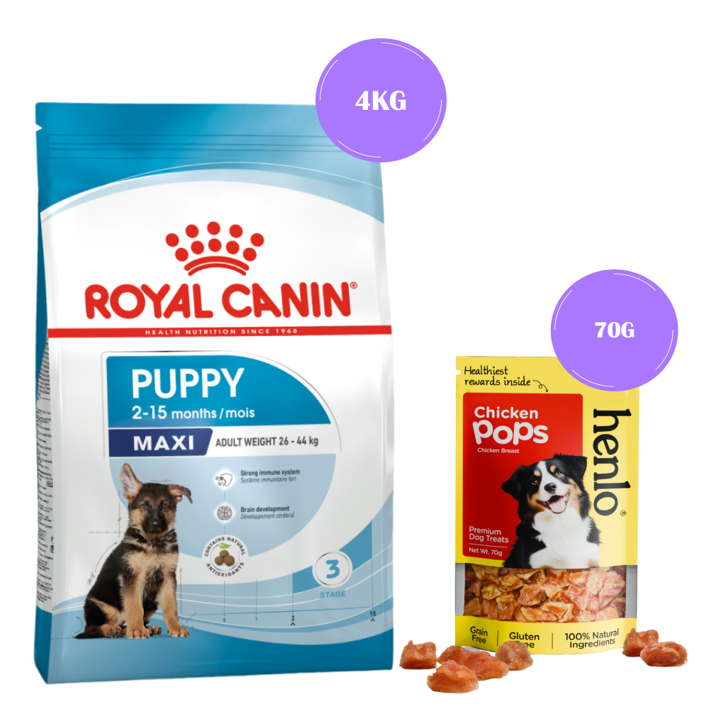 Royal Canin Maxi Puppy Dry Food and Henlo Chicken Pops Treats Combo for Dogs
