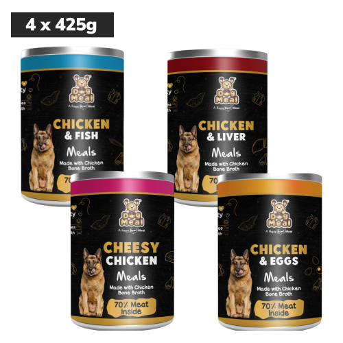 Dog Meal Cheesy Chicken Meals, Chicken & Egg, Chicken & Fish and Chicken & Liver Meals Dog Wet Food Combo