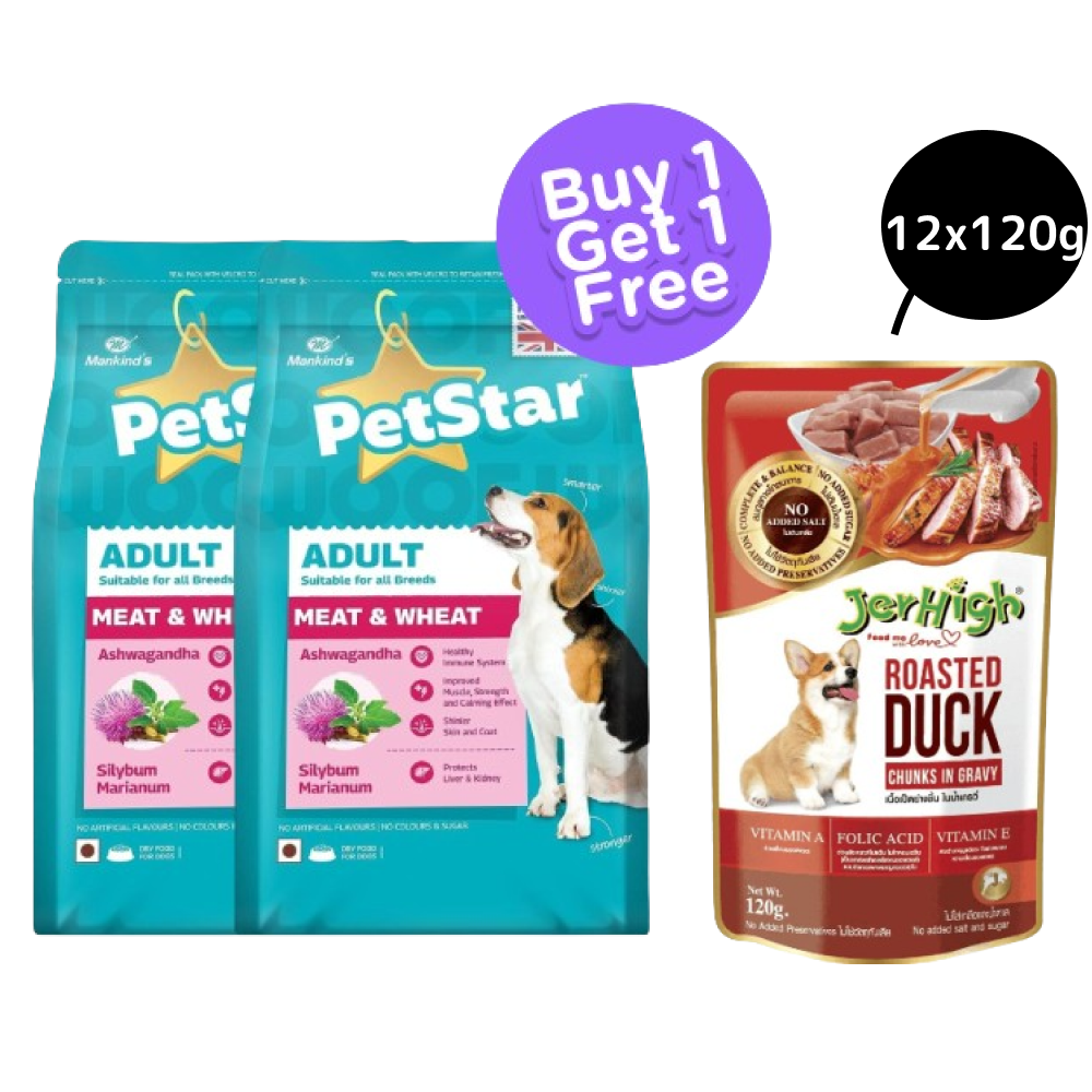 Mankind Petstar Meat and Wheat Dry Food (BOGO) and JerHigh Roasted Duck in Gravy Wet Food for Dogs Combo