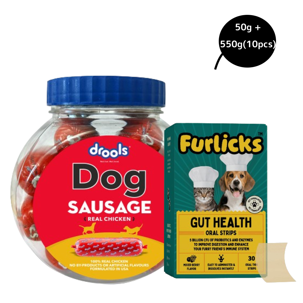 Furlicks Gut Health Supplement and Drools Real Chicken Sausage Treats Combo for Dogs