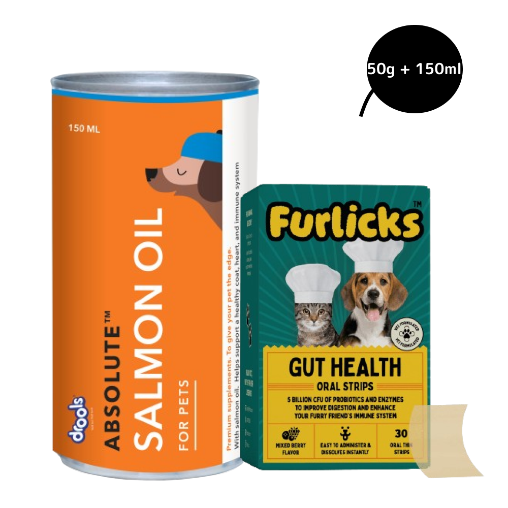 Furlicks Gut Health Supplement and Drools Absolute Salmon Oil Syrup Supplement Combo for Dogs