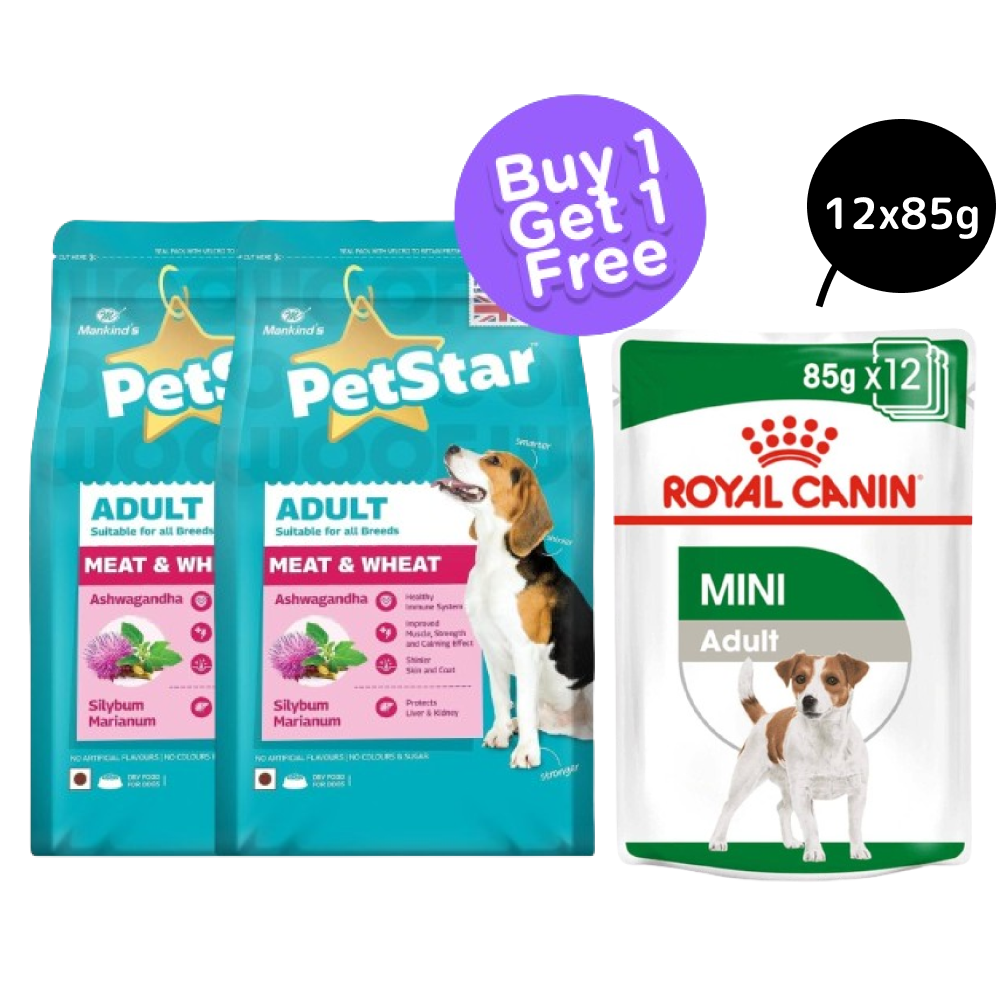 Mankind Petstar Meat and Wheat Dry Food (BOGO) and Royal Canin Mini Gravy Wet Food for Dogs Combo