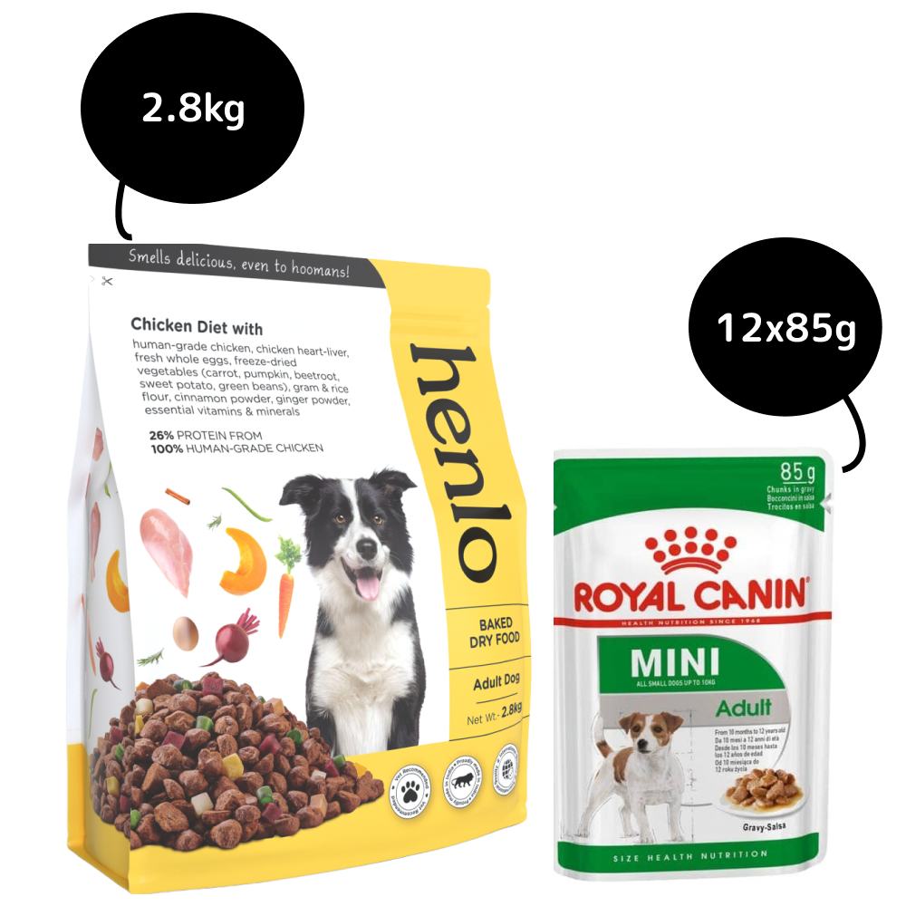 Henlo Baked Adult Dry Food and Royal Canin Mini Adult Gravy Wet Food Combo