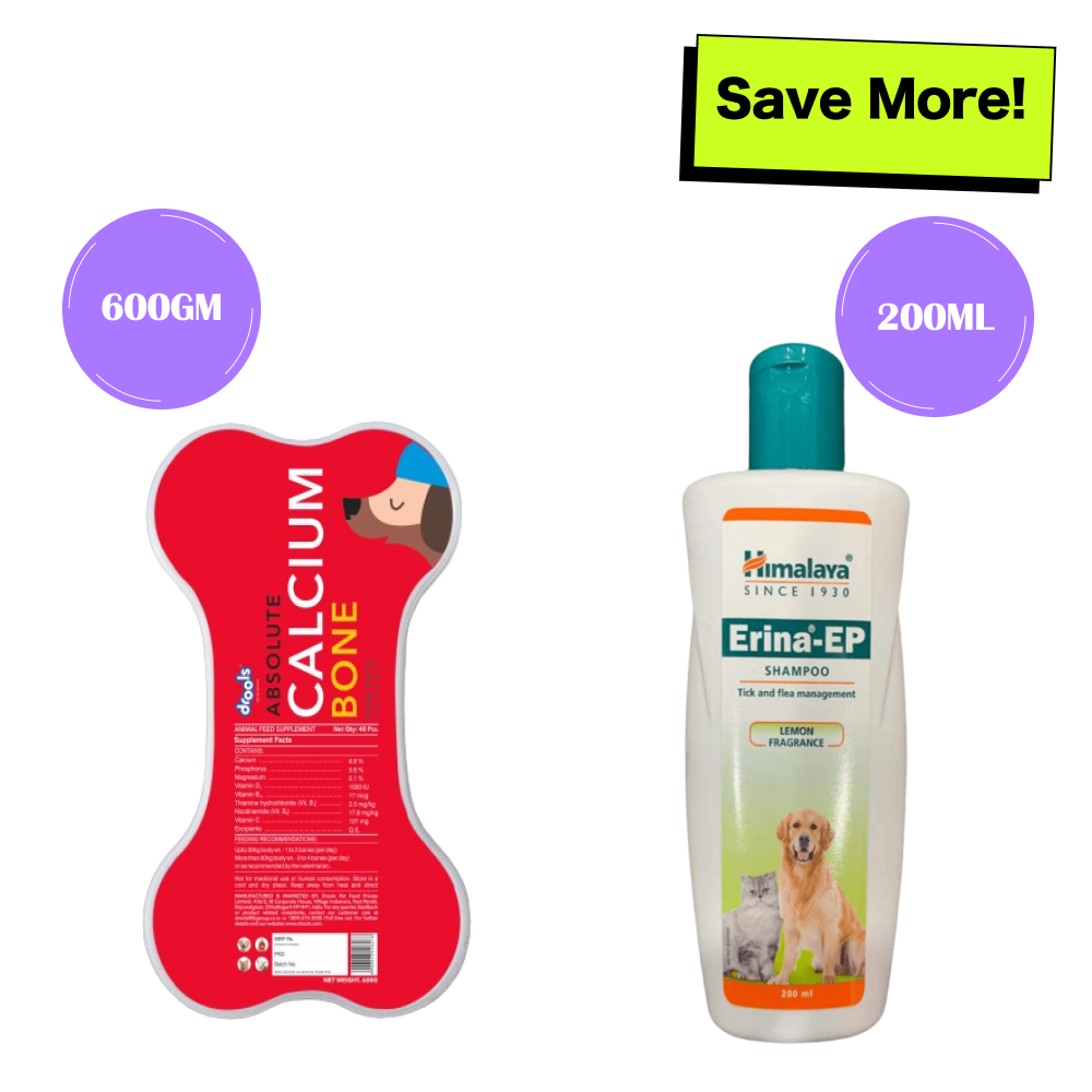 Himalaya Erina EP Tick and Flea Shampoo and Drools Absolute Calcium Bones treats for Dogs Combo