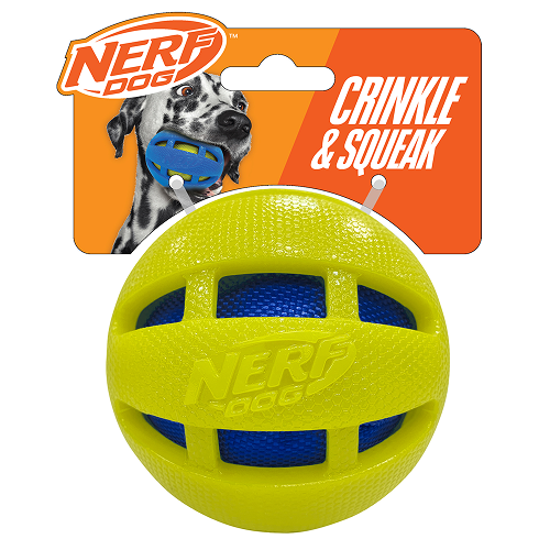 Nerf Dog Checker Squeak and Crunch Ball Toy for Dogs (Blue/Green)