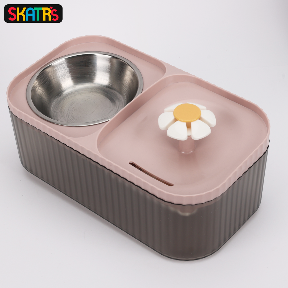 Skatrs Water Fountain with Food Bowl & Adapter for Dogs and Cats (Pink/Grey)