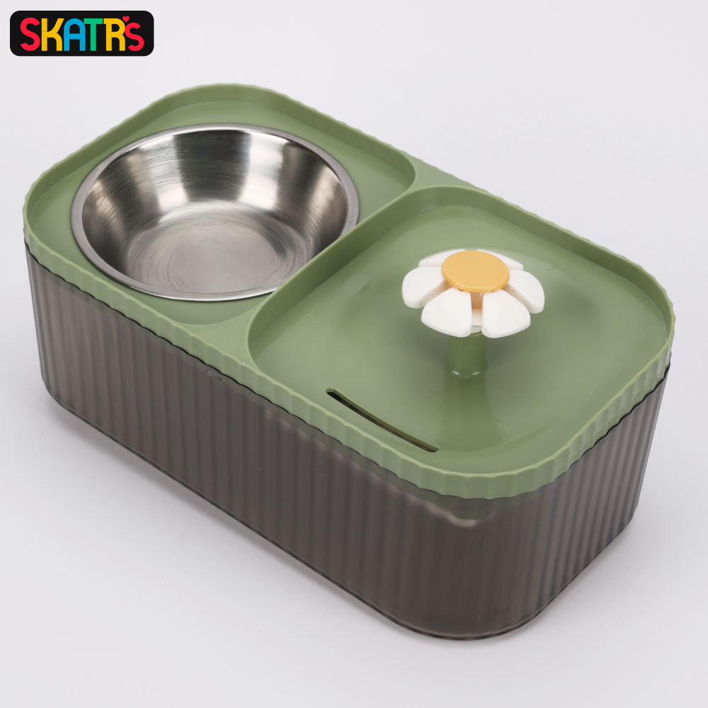 Skatrs Water Fountain with Food Bowl & Adapter for Dogs and Cats (2L)