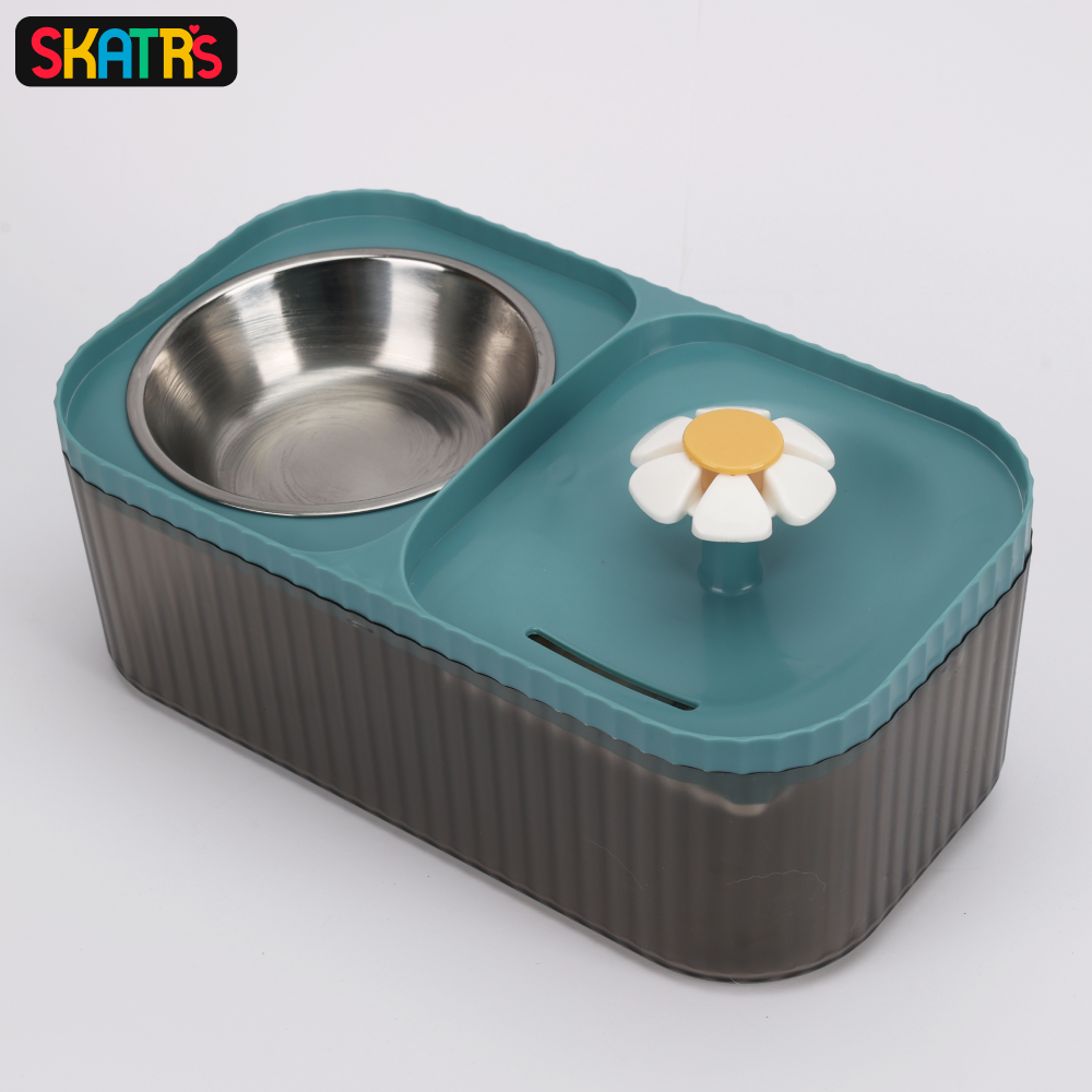 Skatrs Water Fountain with Food Bowl & Adapter for Dogs and Cats (2L)