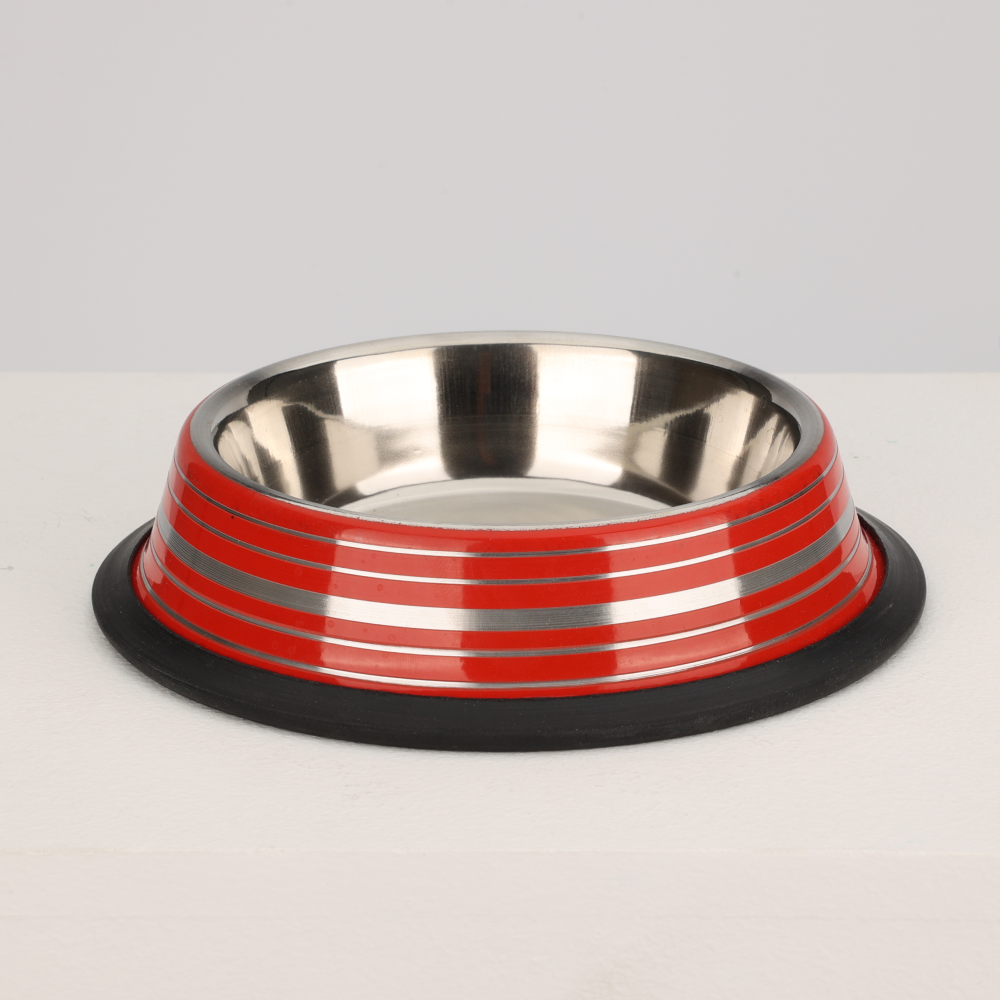 Anti Skid Glossy Striped Bowl for Dogs and Cats (Red)(M:400mL)
