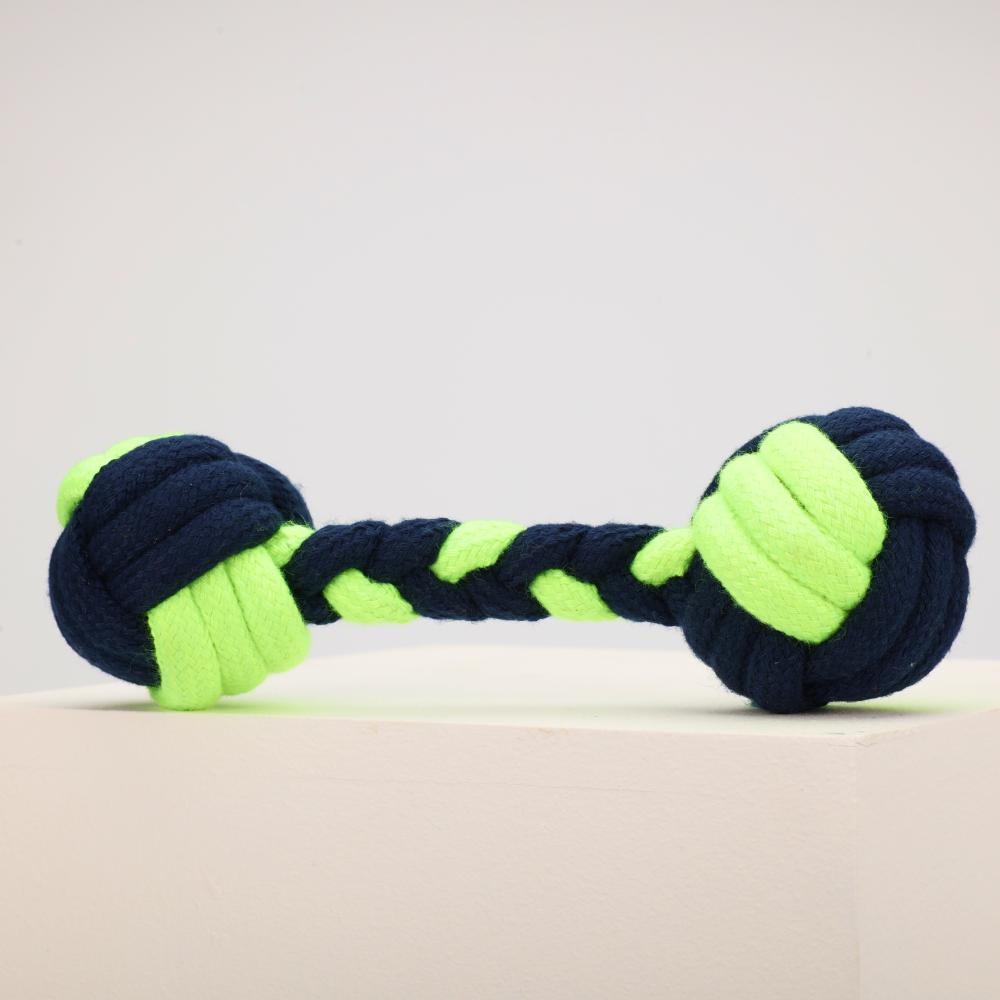 Dumbbell Shaped Rope Chew Toy for Dogs and Cats (Neon Green/Dark Blue)(6.5cm)