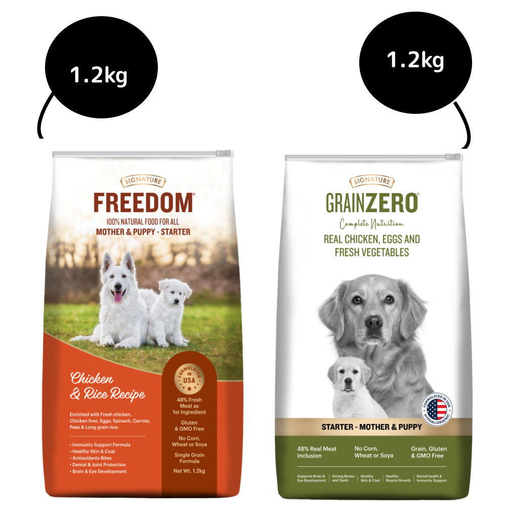 Signature Freedom Chicken and Rice Recipe and Grain Zero Real Chicken, Egg and Vegetables Mother and Puppy Starter Dog Dry Food Combo