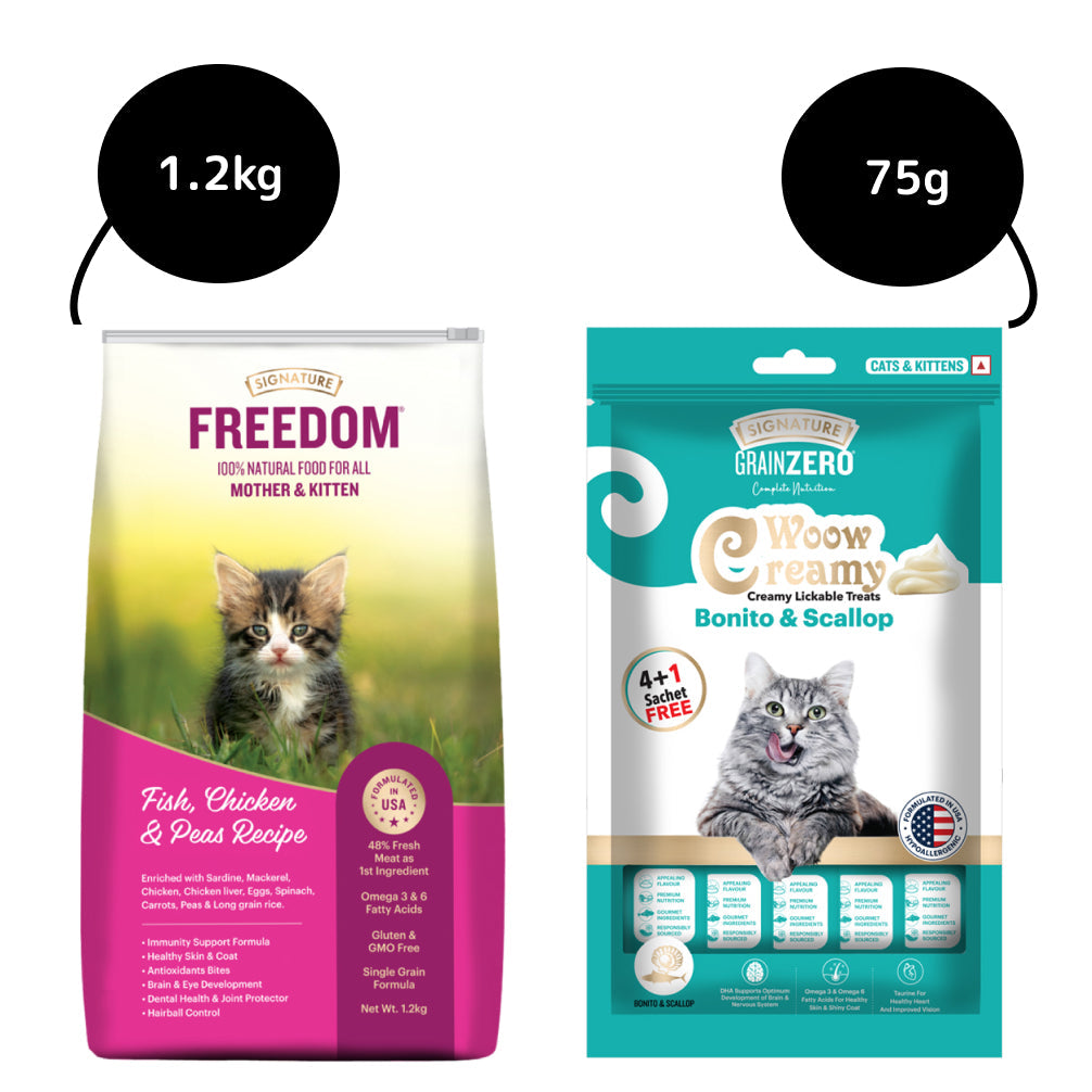 Signature Freedom Fish, Chicken and Peas Recipe Kitten Dry Cat Food and Grain Zero Bonito and Scallop Lickable Creamy Treats for Cats Combo