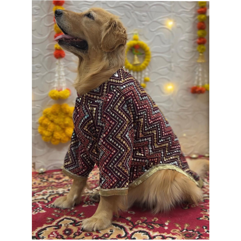 Furvanity Jodhpuri Mirror Work Sherwani for Dogs and Cats (Wine)