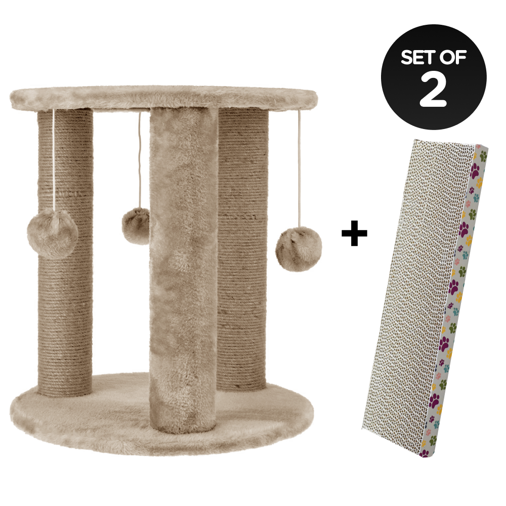 Skatrs Whisker Wonderland Circular Three Scratching Post with Hanging Pom Pom Cat Tree Toy and Wide Block Cat Scratcher with 2g Premium Catnip Combo