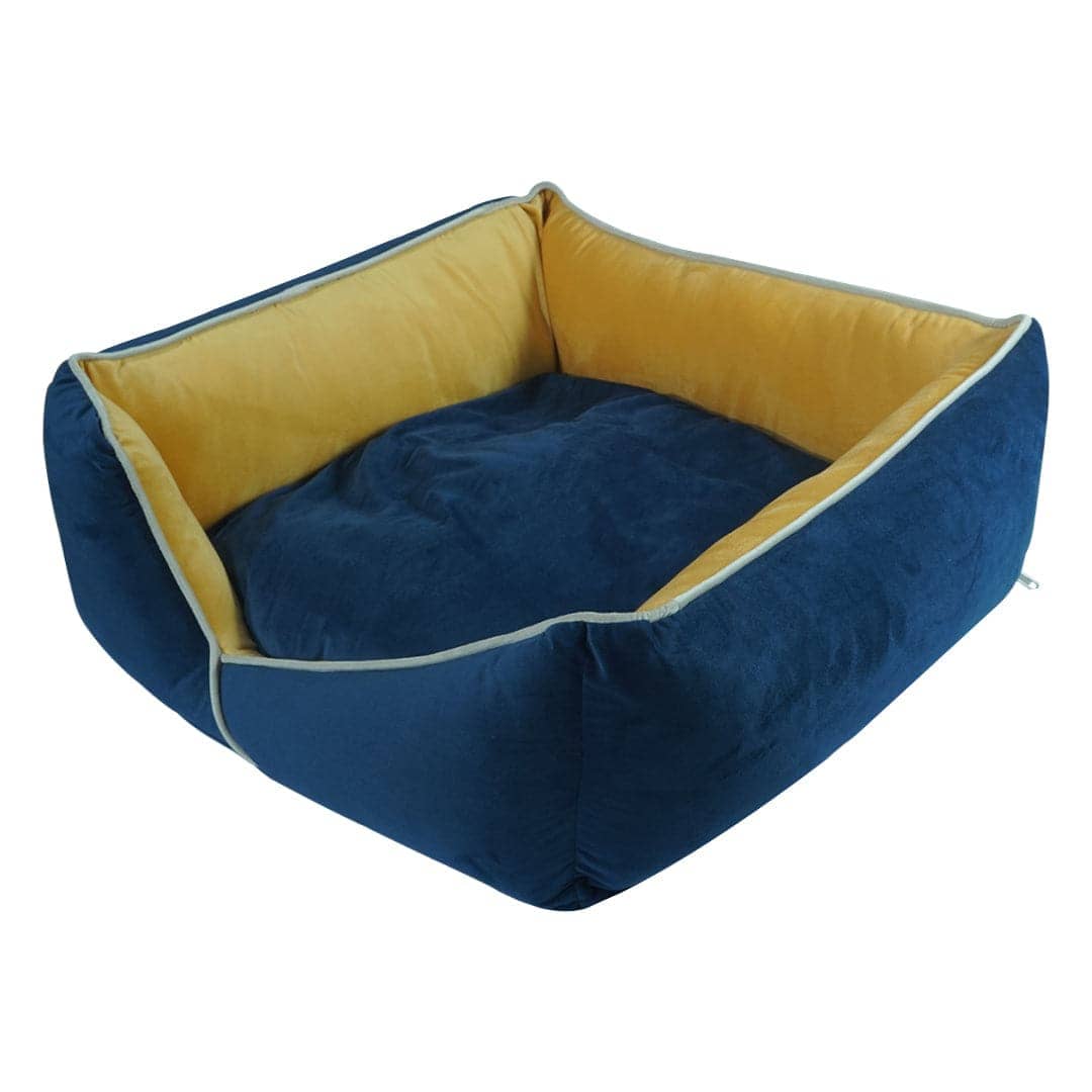 Hiputee Premium Holland Fabric Rectangular Bed for Pets (Blue-Yellow)
