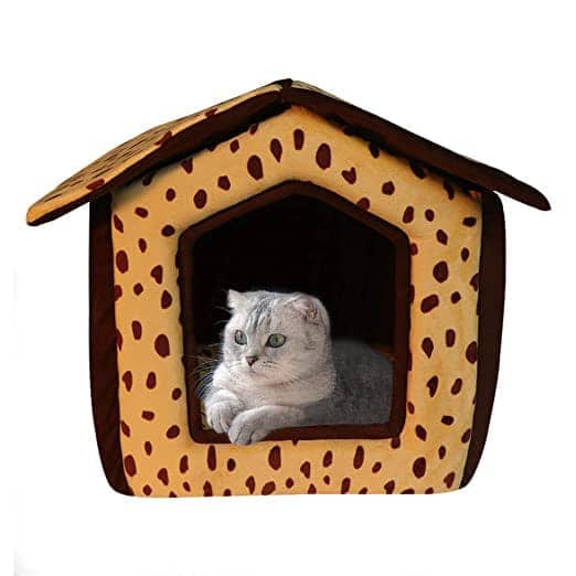 Hiputee Foldable Dotted Velvet Fabric Hut for Pets (Beige-Brown)