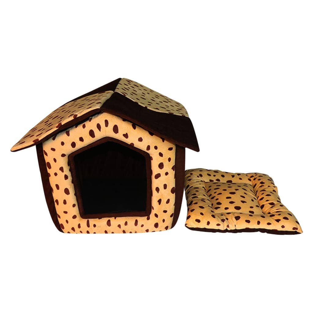 Hiputee Foldable Dotted Velvet Fabric Hut for Pets (Beige-Brown)
