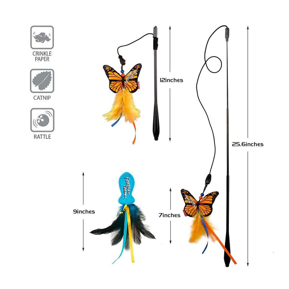 Gigwi FishYellow Butterfly with Flexible Rod Crinkle Paper Catnip and Bell Feather Teaser Blue