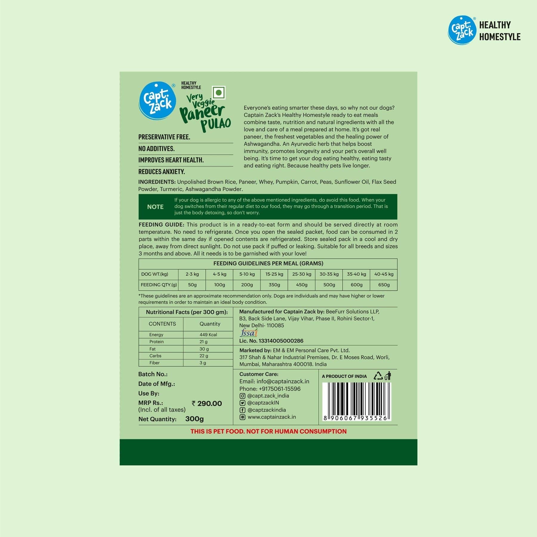 Captain Zack Paneer Pulao Fresh Food for Dogs