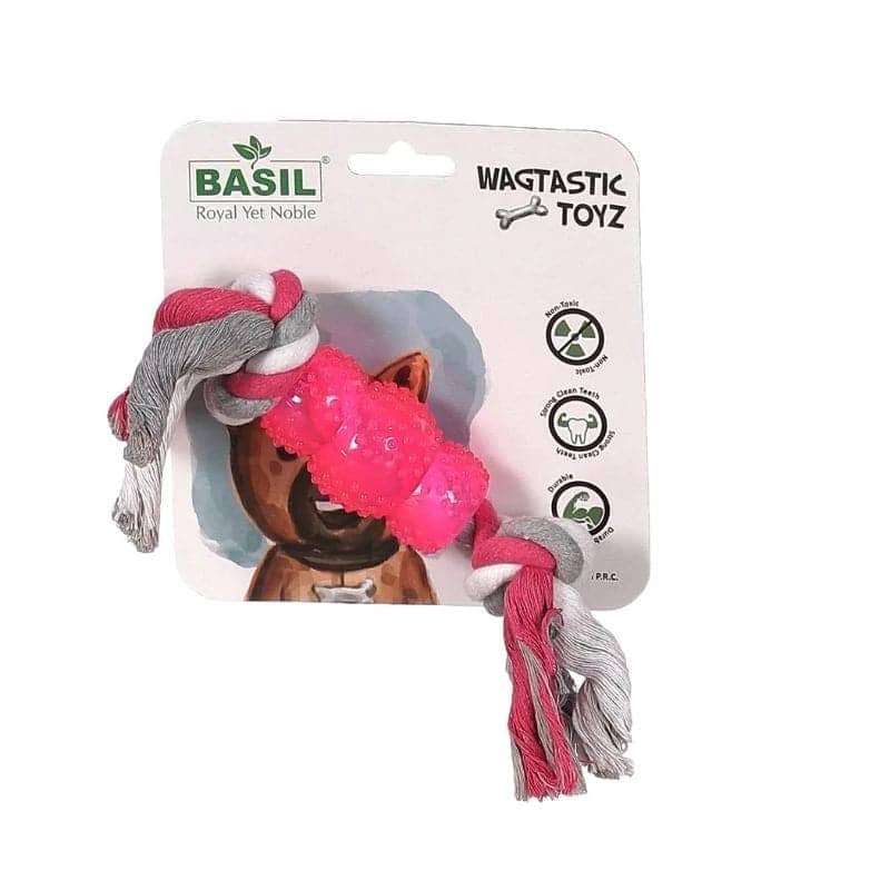 Basil Cotton Rope Rubber Chew Toy with Hard TPR Centre for Dogs (Assorted)